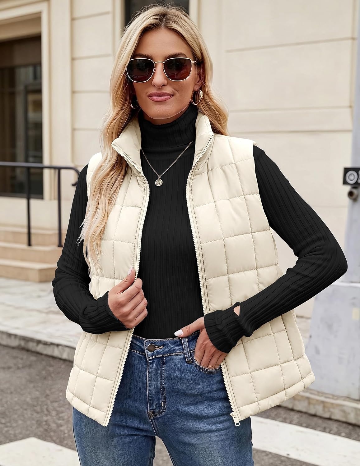 image:imageZeagoo Womens Lightweight Quilted Puffer Vest Stand Collar Zip Up OuterwearCream