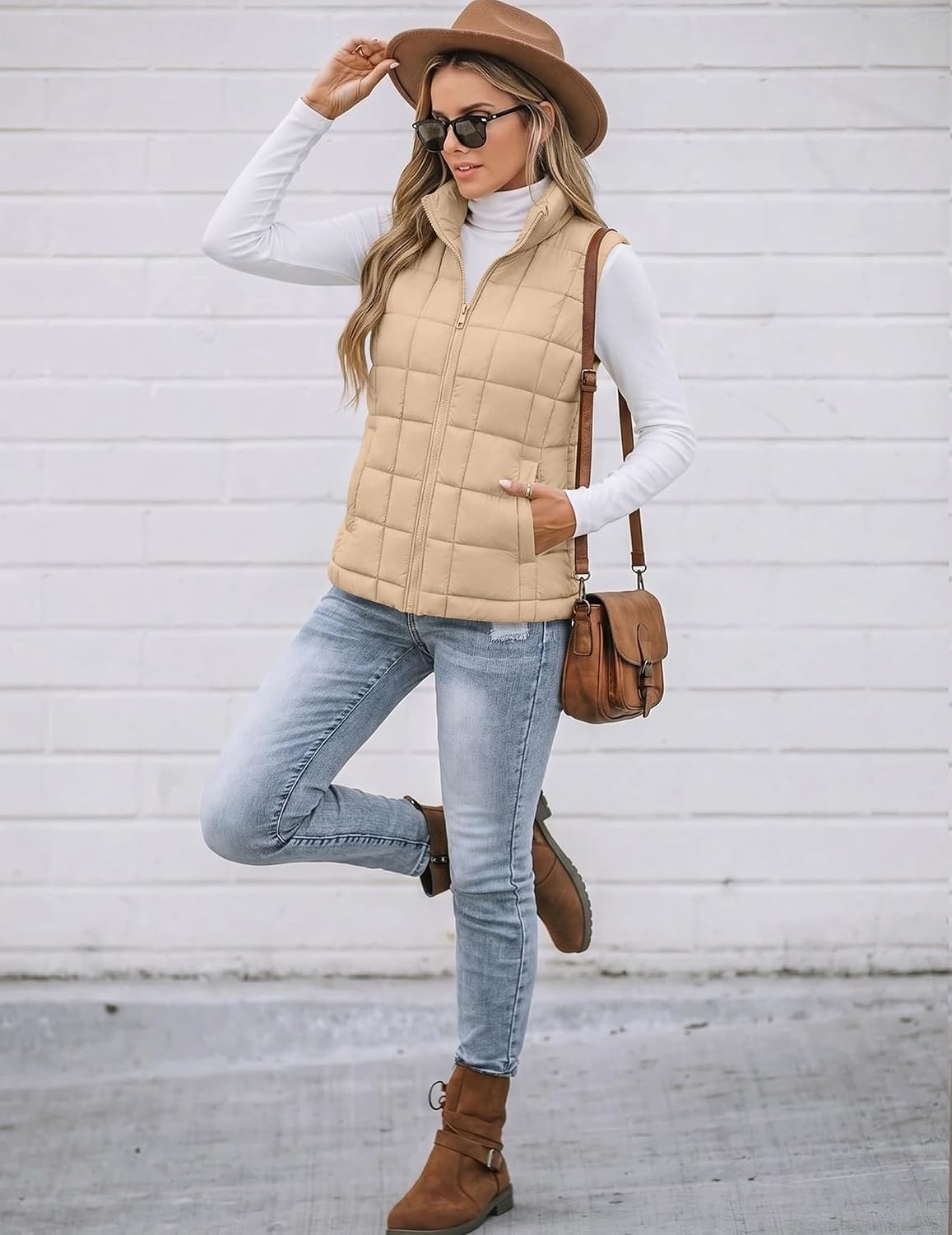 image:imageZeagoo Womens Lightweight Quilted Puffer Vest Stand Collar Zip Up OuterwearKhaki