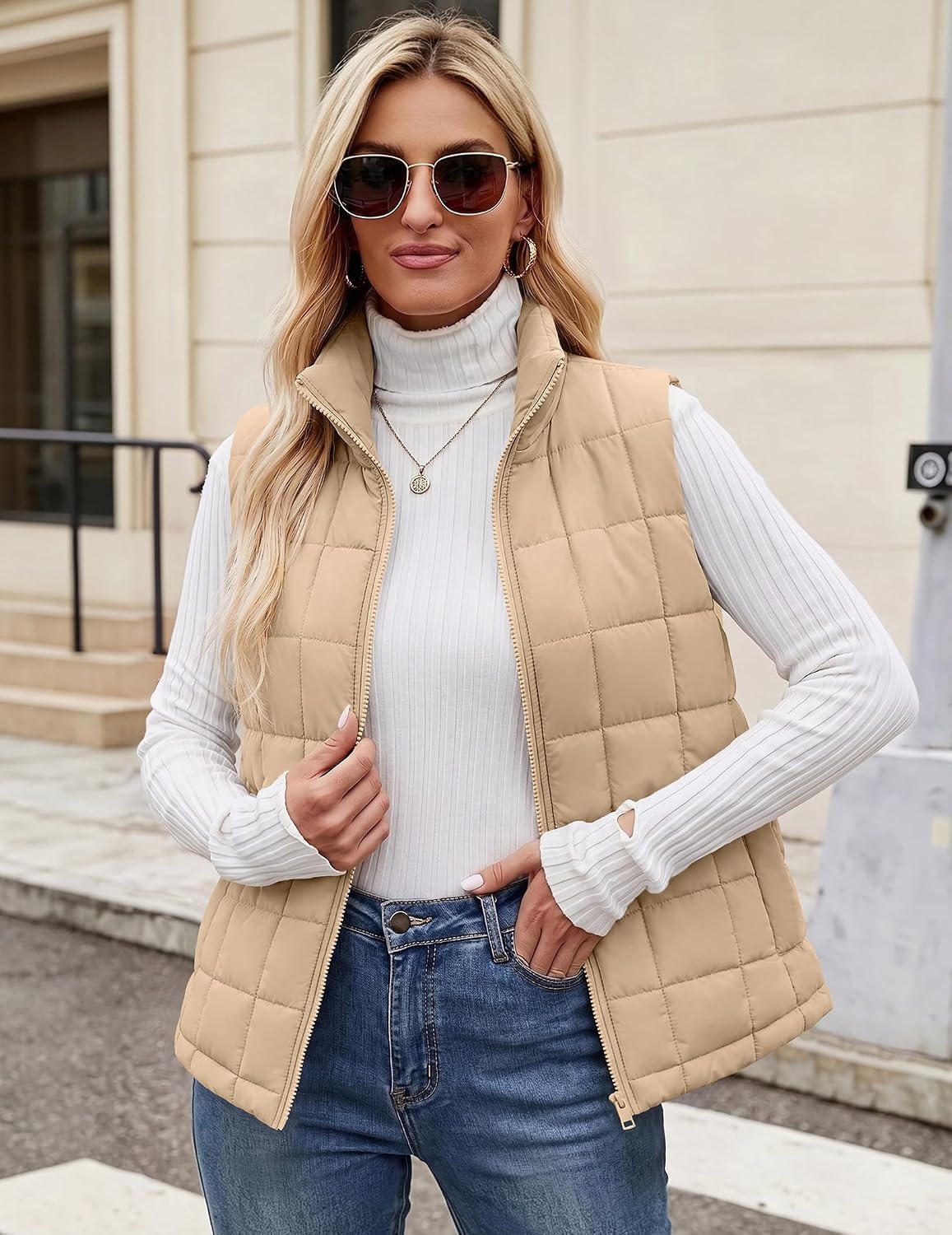image:imageZeagoo Womens Lightweight Quilted Puffer Vest Stand Collar Zip Up OuterwearKhaki