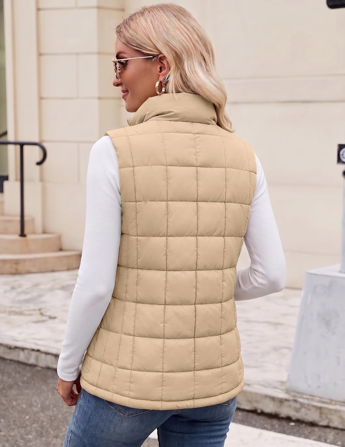 image:imageZeagoo Womens Lightweight Quilted Puffer Vest Stand Collar Zip Up OuterwearKhaki