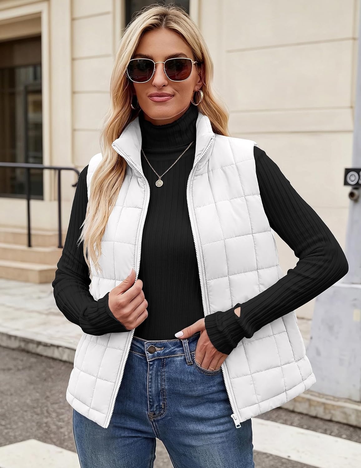 image:imageZeagoo Womens Lightweight Quilted Puffer Vest Stand Collar Zip Up OuterwearWhite