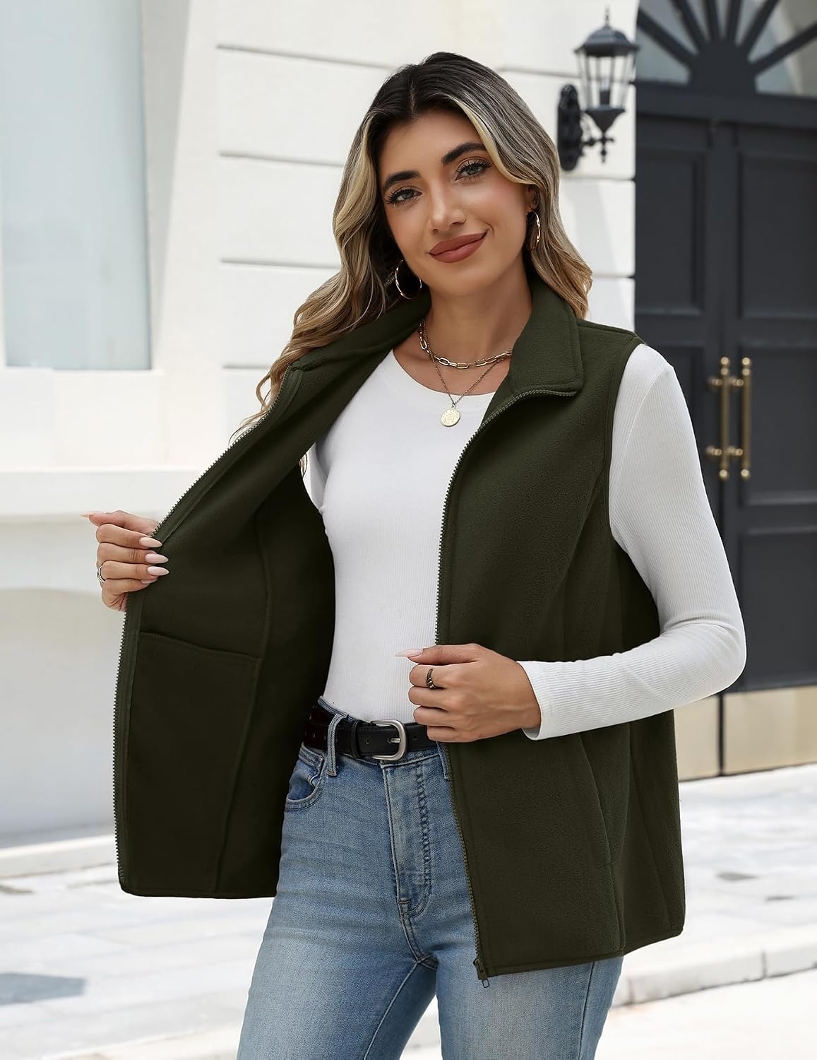 image:imageZeagoo Womens Outerwear Vests With Pockets Zipper Sleeveless Fleece JacketsArmy Green