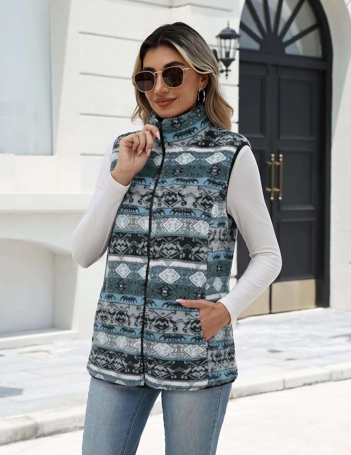 image:imageZeagoo Womens Outerwear Vests With Pockets Zipper Sleeveless Fleece JacketsAztec Print Blue