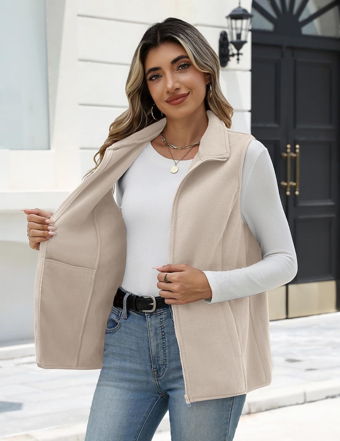 image:imageZeagoo Womens Outerwear Vests With Pockets Zipper Sleeveless Fleece JacketsBeige
