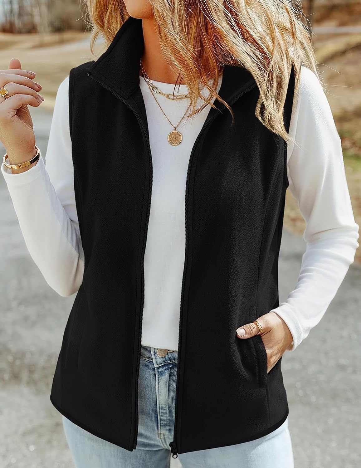 image:imageZeagoo Womens Outerwear Vests With Pockets Zipper Sleeveless Fleece JacketsBlack
