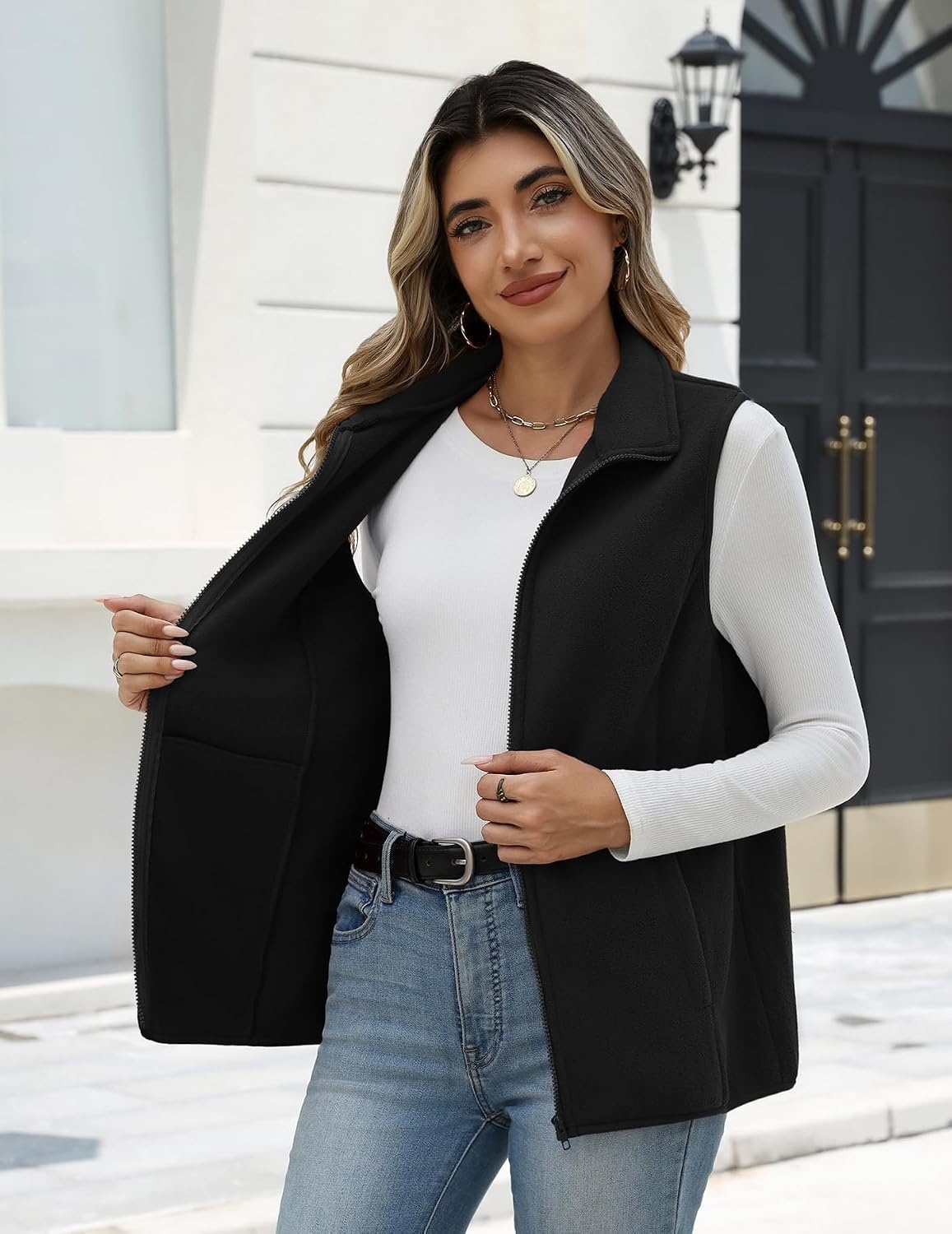 image:imageZeagoo Womens Outerwear Vests With Pockets Zipper Sleeveless Fleece JacketsBlack