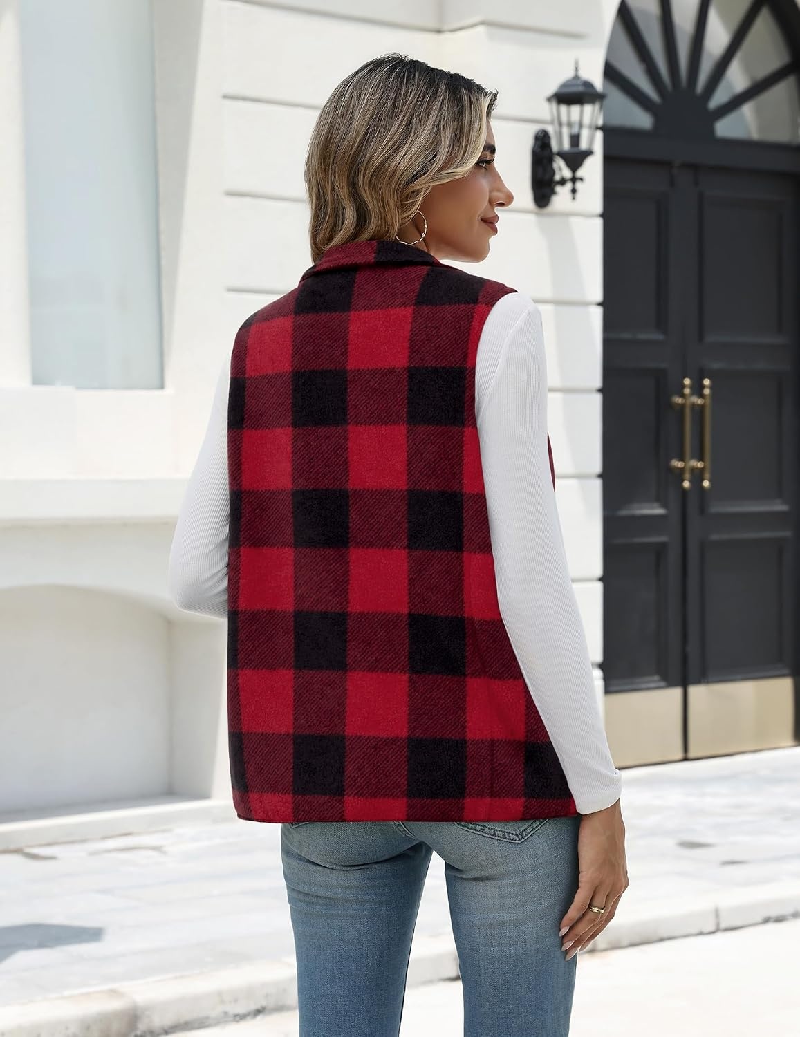 image:imageZeagoo Womens Outerwear Vests With Pockets Zipper Sleeveless Fleece JacketsBlack and Red Plaid