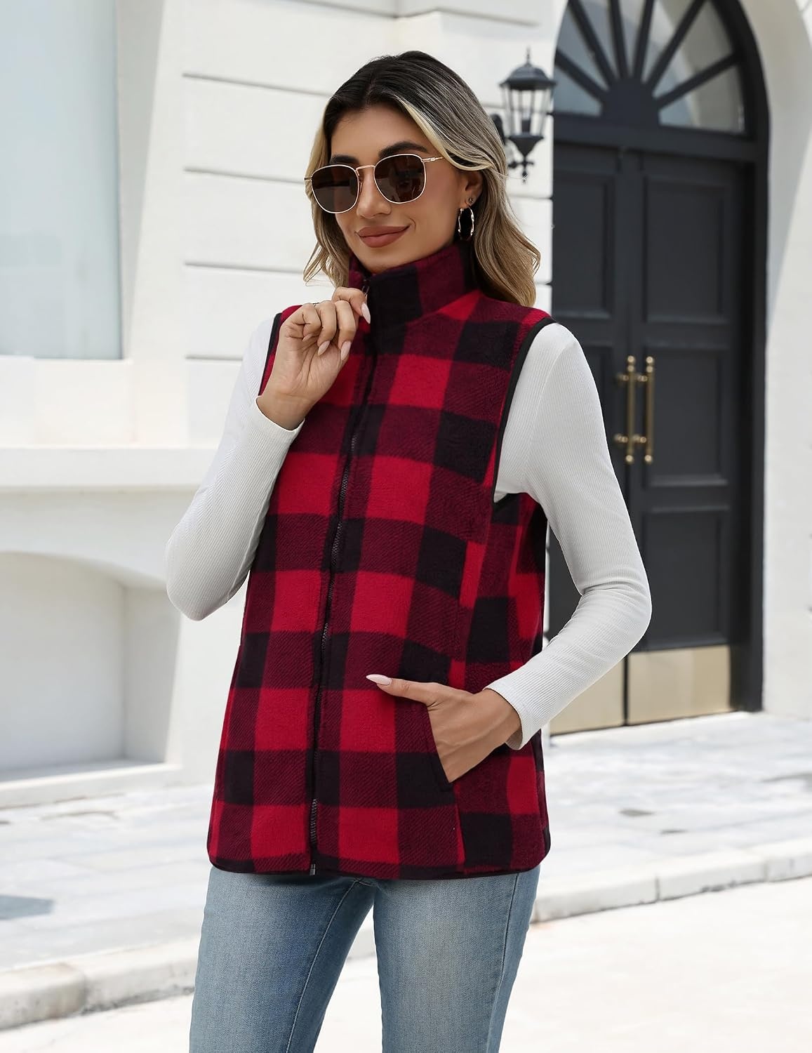 image:imageZeagoo Womens Outerwear Vests With Pockets Zipper Sleeveless Fleece JacketsBlack and Red Plaid