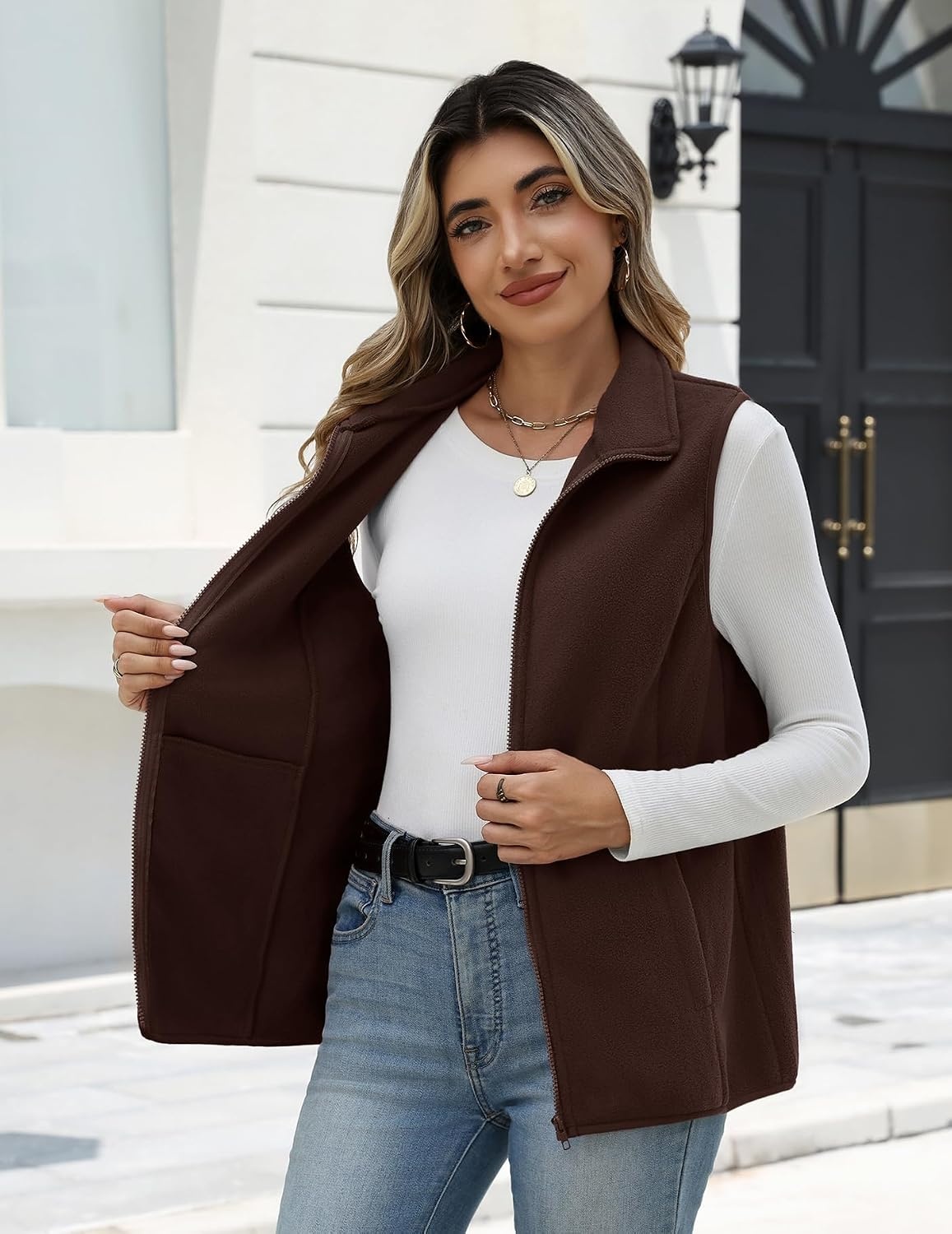 image:imageZeagoo Womens Outerwear Vests With Pockets Zipper Sleeveless Fleece JacketsBrown
