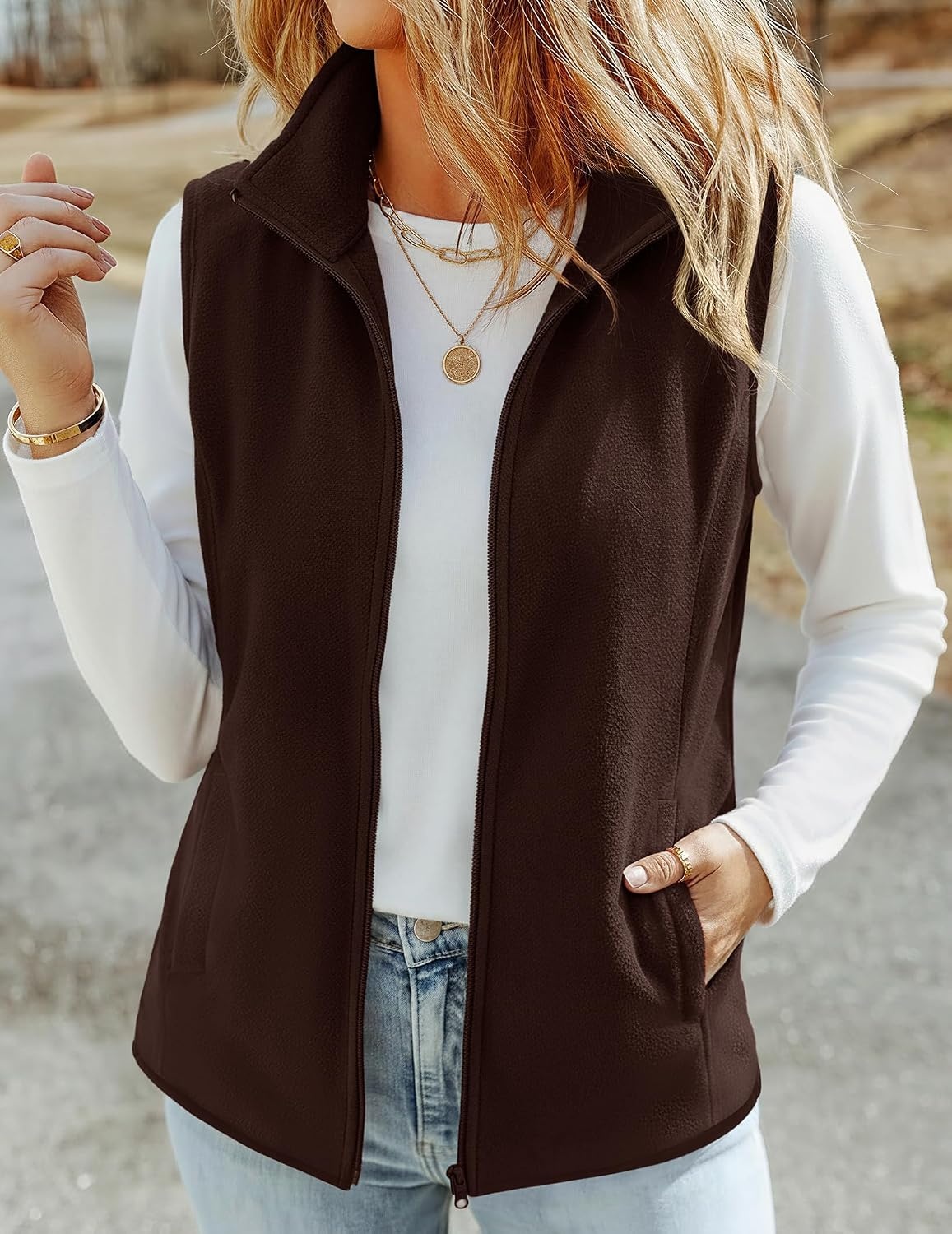 image:imageZeagoo Womens Outerwear Vests With Pockets Zipper Sleeveless Fleece JacketsBrown