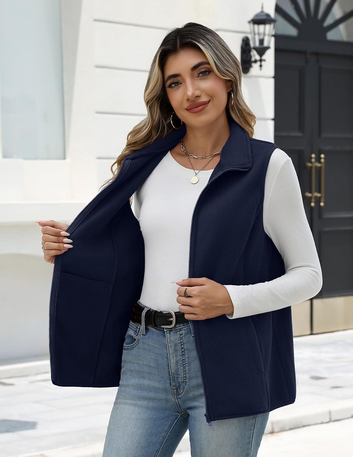 image:imageZeagoo Womens Outerwear Vests With Pockets Zipper Sleeveless Fleece JacketsDark Blue