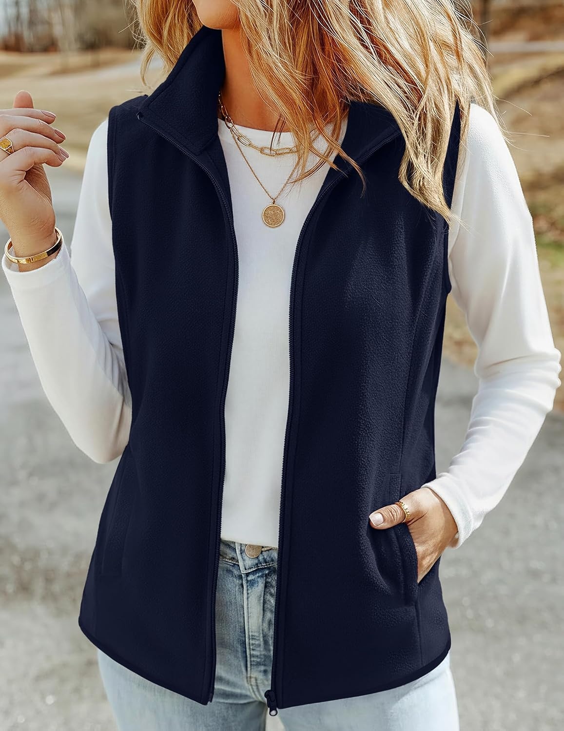 image:imageZeagoo Womens Outerwear Vests With Pockets Zipper Sleeveless Fleece JacketsDark Blue