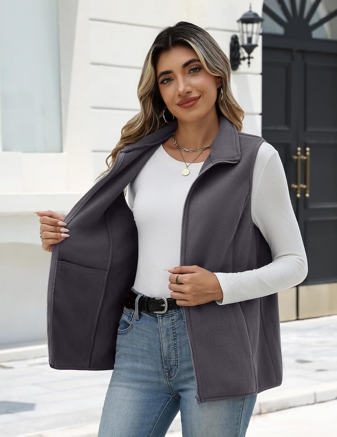 image:imageZeagoo Womens Outerwear Vests With Pockets Zipper Sleeveless Fleece JacketsDark Grey