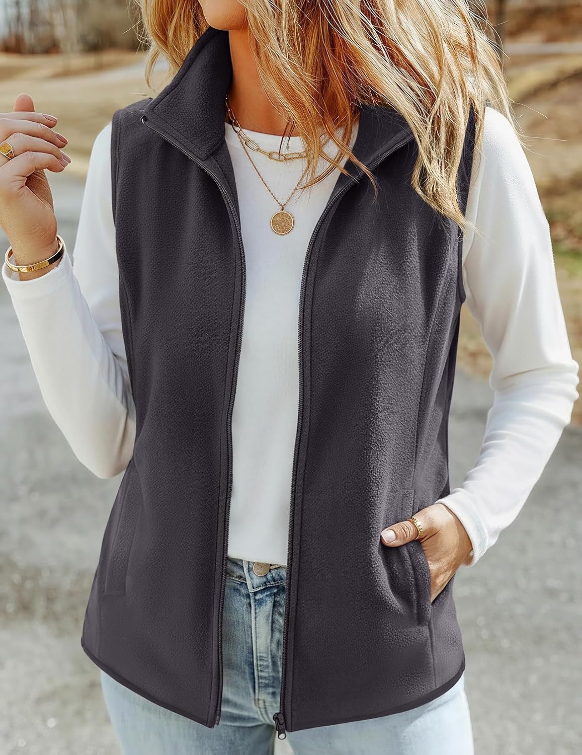 image:imageZeagoo Womens Outerwear Vests With Pockets Zipper Sleeveless Fleece JacketsDark Grey