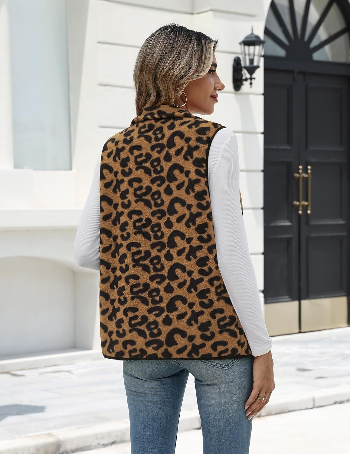 image:imageZeagoo Womens Outerwear Vests With Pockets Zipper Sleeveless Fleece JacketsLeopard Print