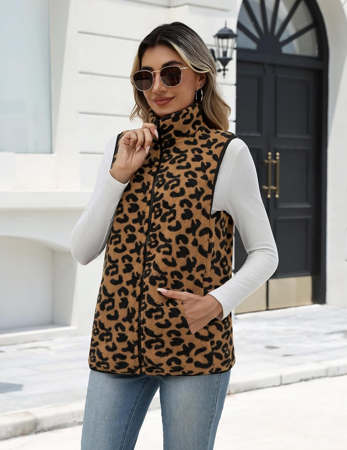 image:imageZeagoo Womens Outerwear Vests With Pockets Zipper Sleeveless Fleece JacketsLeopard Print
