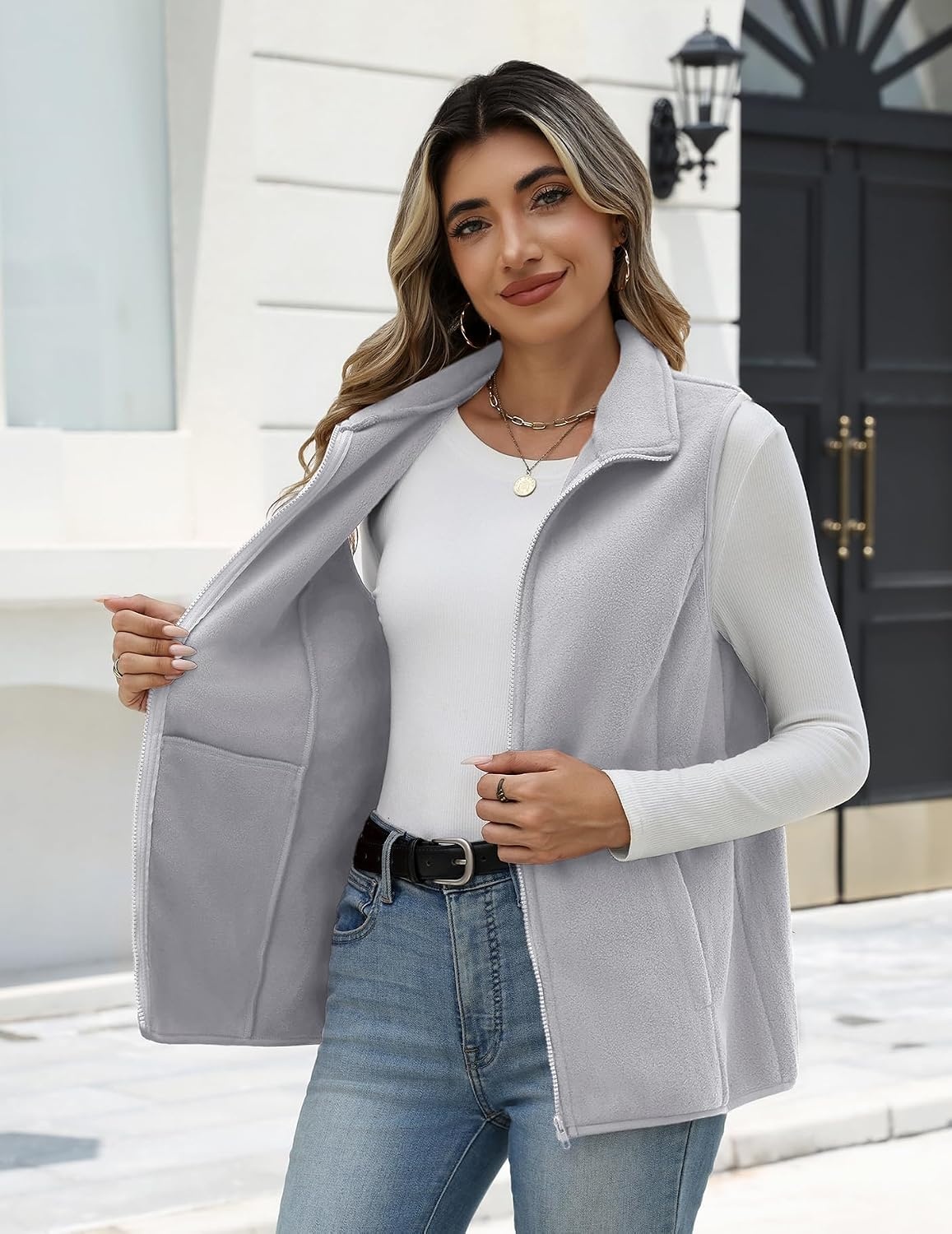 image:imageZeagoo Womens Outerwear Vests With Pockets Zipper Sleeveless Fleece JacketsLight Grey