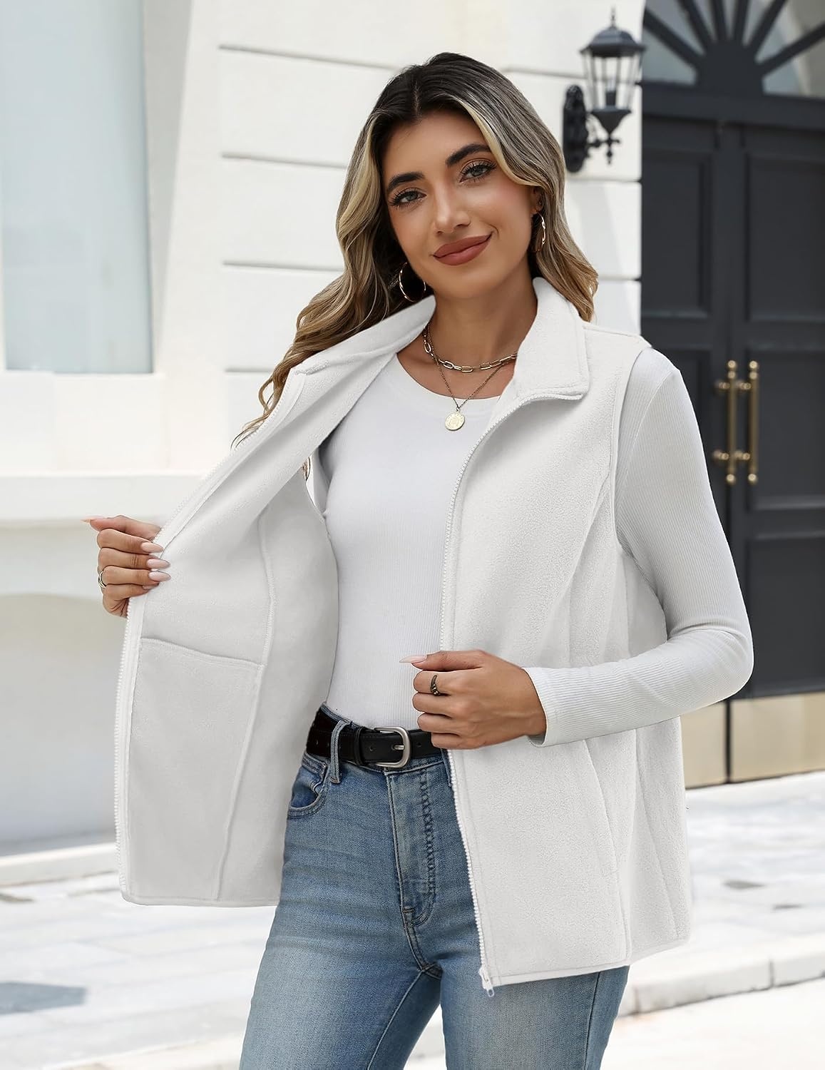 image:imageZeagoo Womens Outerwear Vests With Pockets Zipper Sleeveless Fleece JacketsWhite