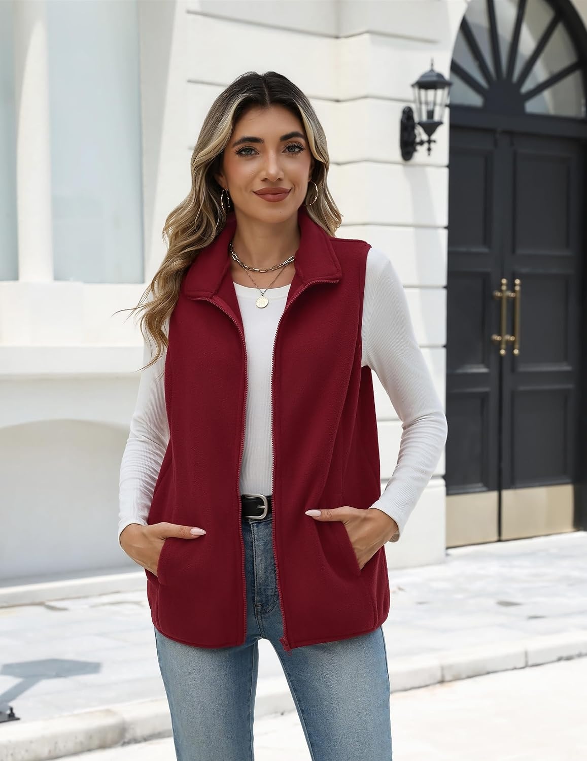 image:imageZeagoo Womens Outerwear Vests With Pockets Zipper Sleeveless Fleece JacketsWine Red