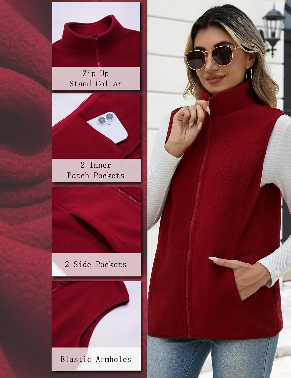 image:imageZeagoo Womens Outerwear Vests With Pockets Zipper Sleeveless Fleece JacketsWine Red