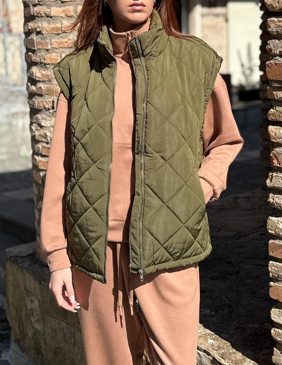 image:imageZeagoo Womens Oversized Puffer Vest Zip Up Stand Collar Lightweight Sleeveless Warm Outerwear Padded Jacket Winter Coat SXXLArmy Green