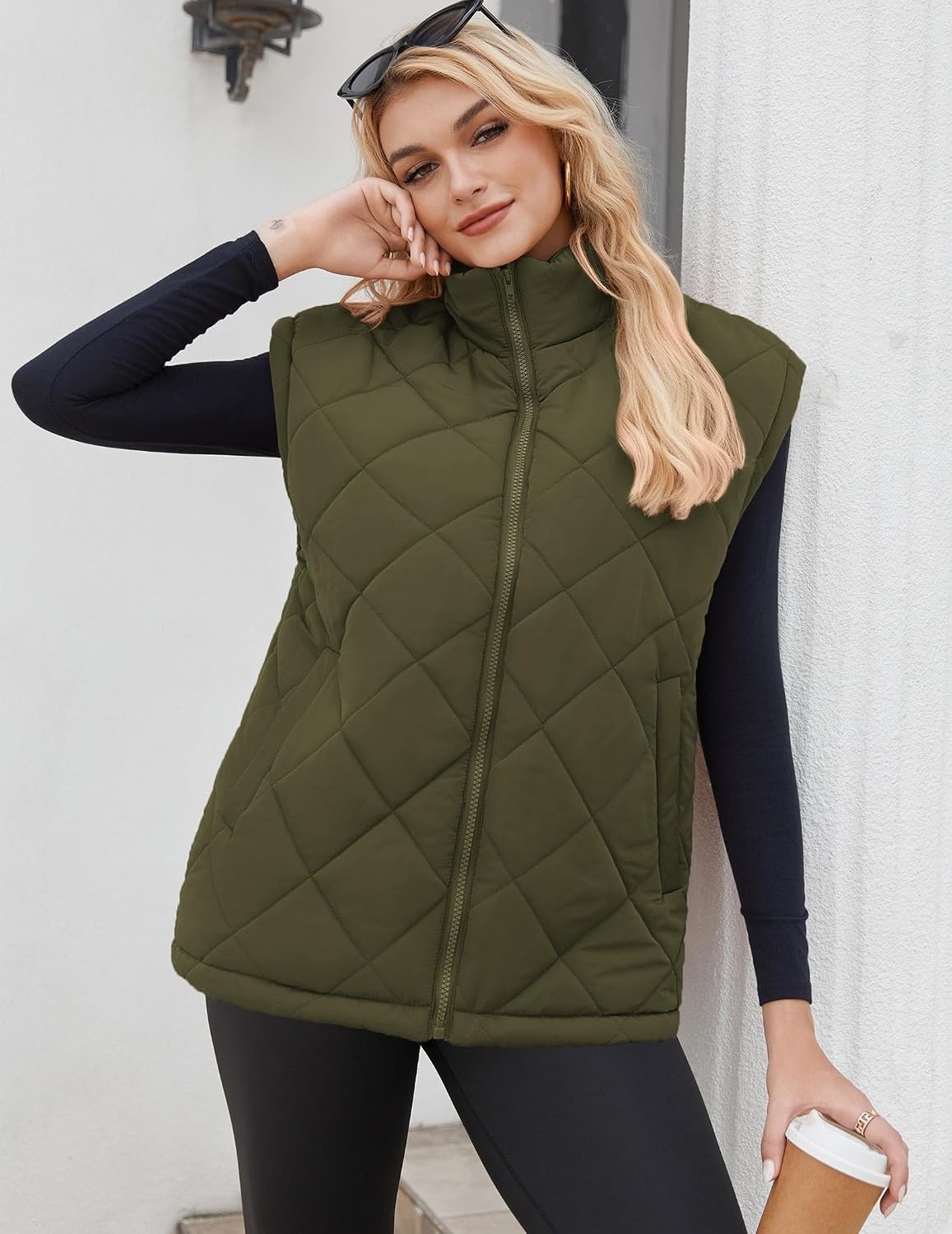 image:imageZeagoo Womens Oversized Puffer Vest Zip Up Stand Collar Lightweight Sleeveless Warm Outerwear Padded Jacket Winter Coat SXXLArmy Green