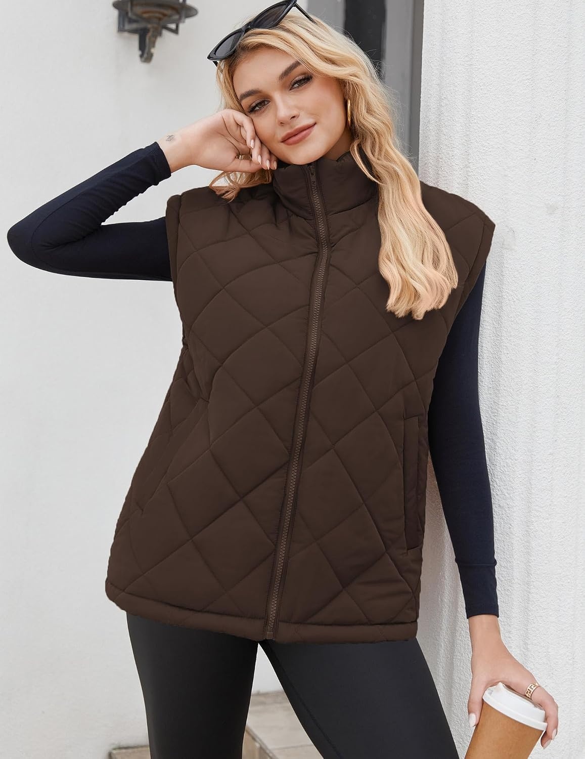 image:imageZeagoo Womens Oversized Puffer Vest Zip Up Stand Collar Lightweight Sleeveless Warm Outerwear Padded Jacket Winter Coat SXXLBrown