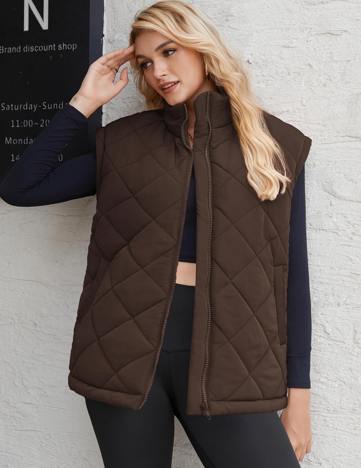 image:imageZeagoo Womens Oversized Puffer Vest Zip Up Stand Collar Lightweight Sleeveless Warm Outerwear Padded Jacket Winter Coat SXXLBrown