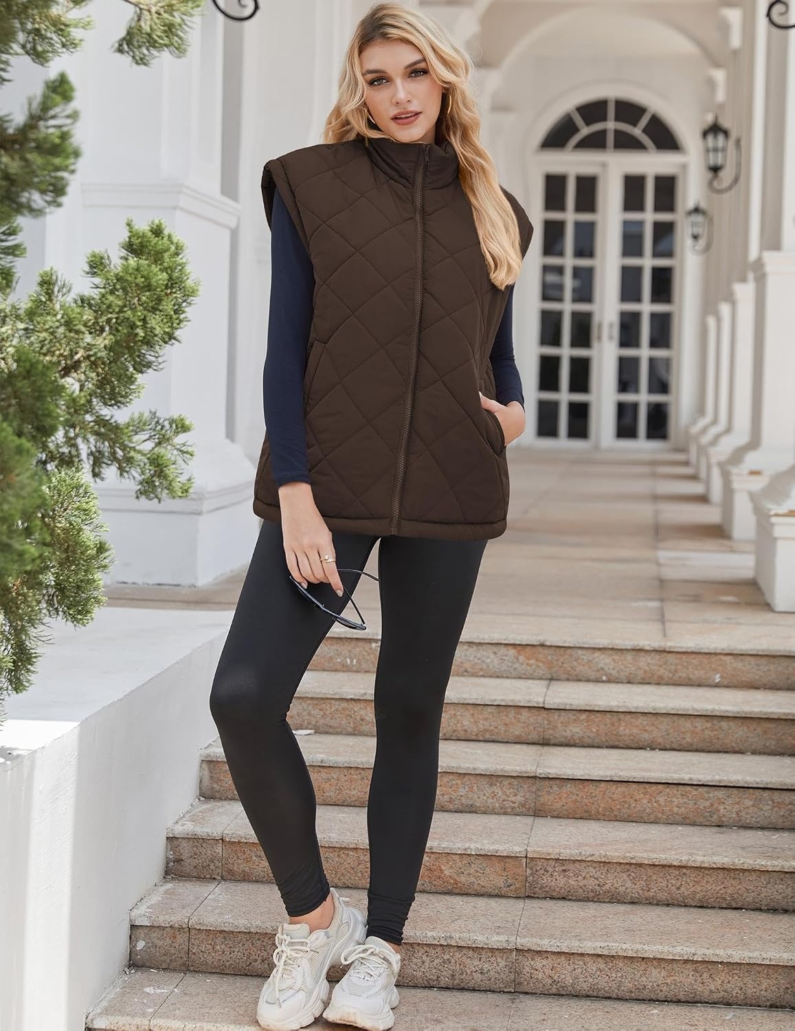 image:imageZeagoo Womens Oversized Puffer Vest Zip Up Stand Collar Lightweight Sleeveless Warm Outerwear Padded Jacket Winter Coat SXXLBrown