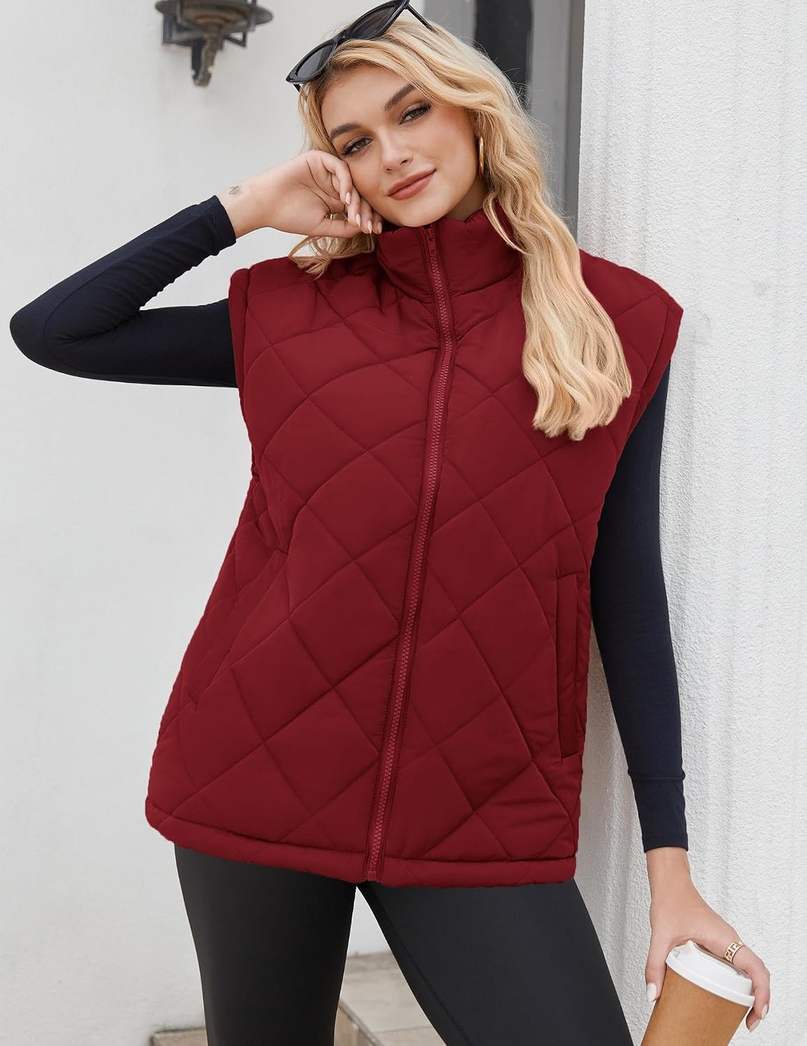image:imageZeagoo Womens Oversized Puffer Vest Zip Up Stand Collar Lightweight Sleeveless Warm Outerwear Padded Jacket Winter Coat SXXLDark Red