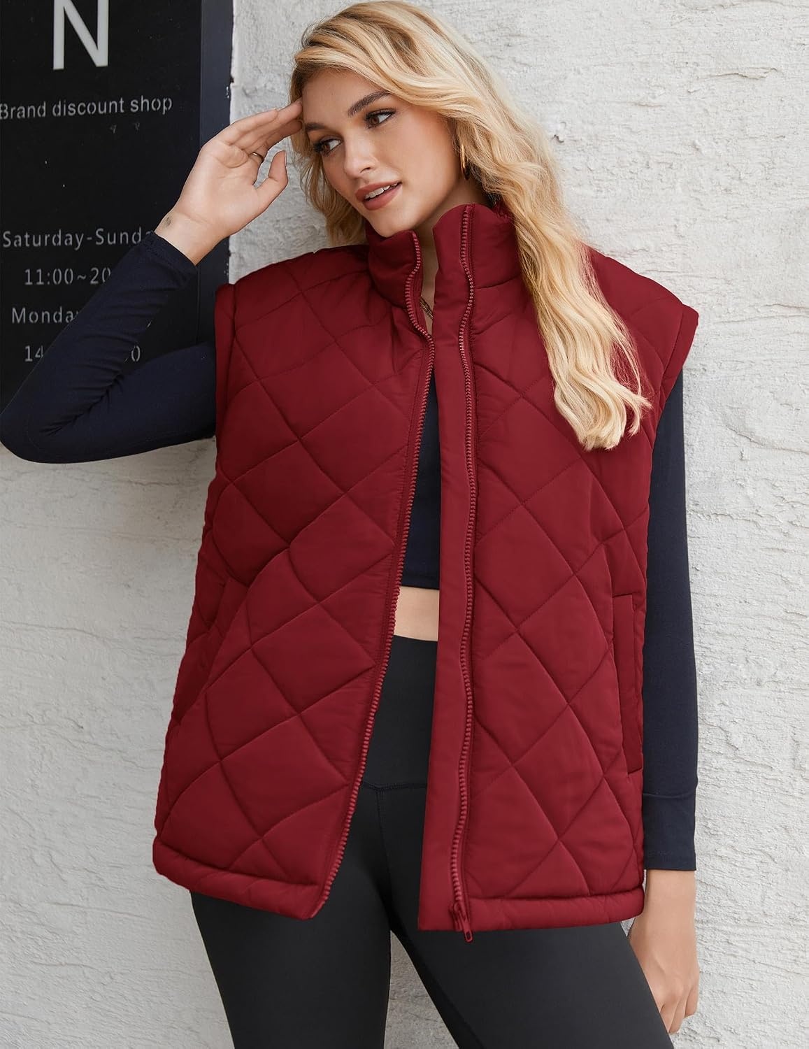 image:imageZeagoo Womens Oversized Puffer Vest Zip Up Stand Collar Lightweight Sleeveless Warm Outerwear Padded Jacket Winter Coat SXXLDark Red