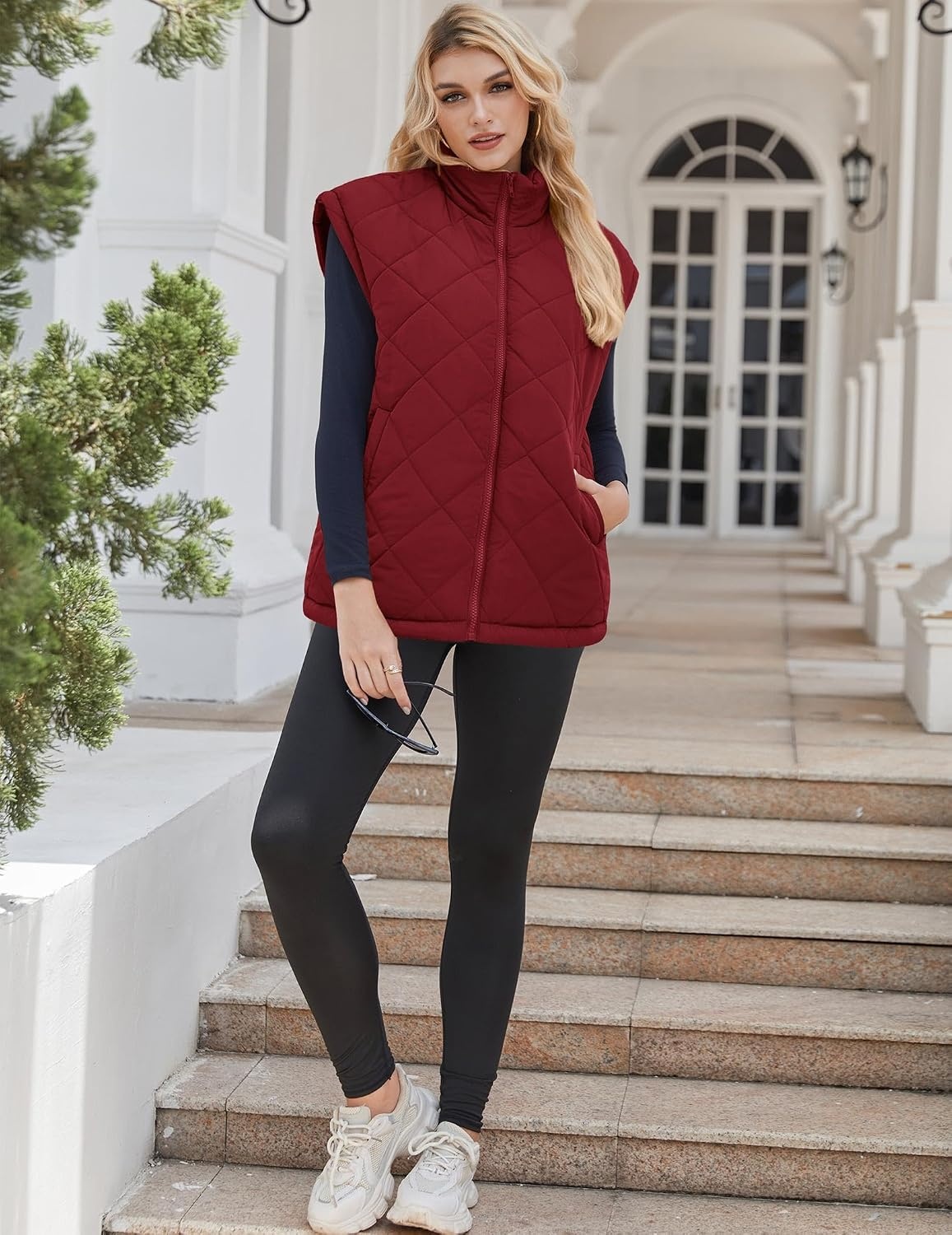 image:imageZeagoo Womens Oversized Puffer Vest Zip Up Stand Collar Lightweight Sleeveless Warm Outerwear Padded Jacket Winter Coat SXXLDark Red
