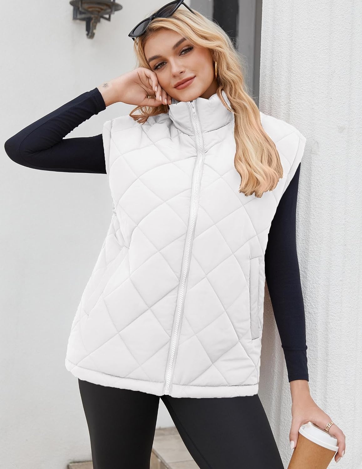 image:imageZeagoo Womens Oversized Puffer Vest Zip Up Stand Collar Lightweight Sleeveless Warm Outerwear Padded Jacket Winter Coat SXXLWhite