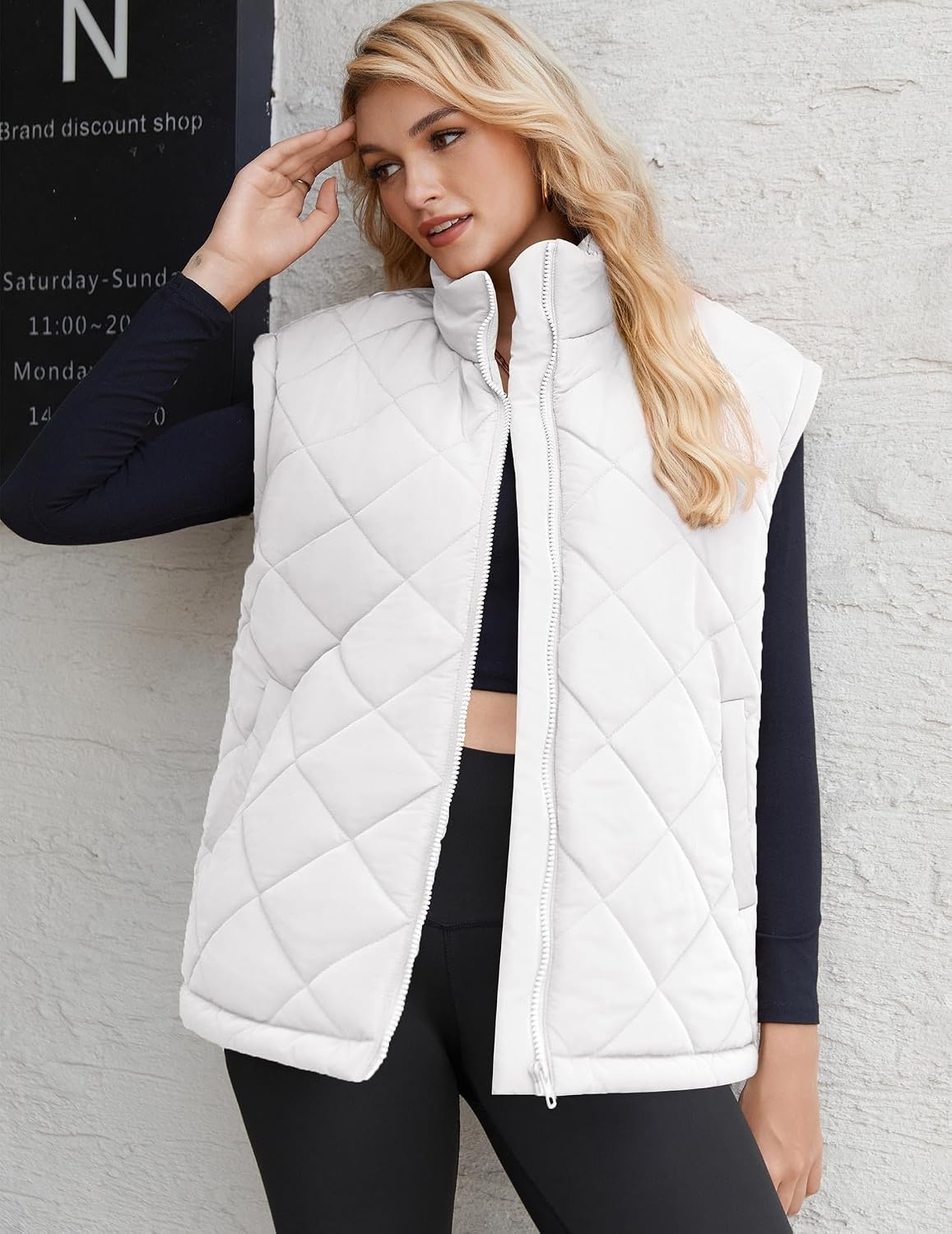 image:imageZeagoo Womens Oversized Puffer Vest Zip Up Stand Collar Lightweight Sleeveless Warm Outerwear Padded Jacket Winter Coat SXXLWhite