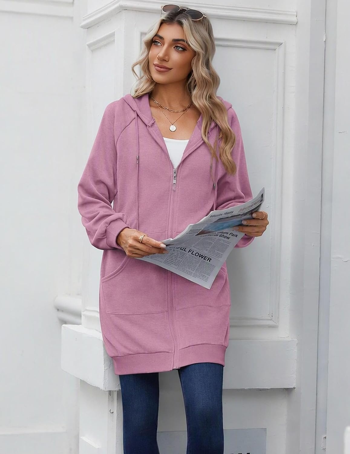 image:imageZeagoo Womens Zip Up Hoodies Long Sleeve Long Tunic Sweatshirts OversizedDusty Rose