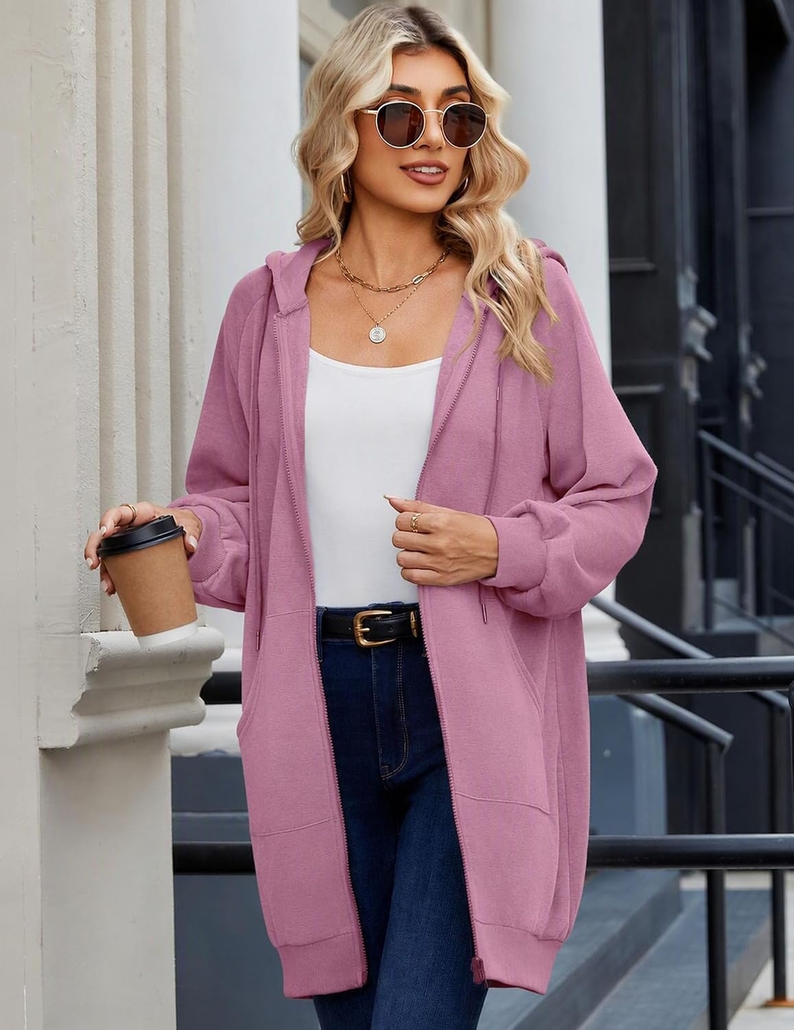 image:imageZeagoo Womens Zip Up Hoodies Long Sleeve Long Tunic Sweatshirts OversizedDusty Rose