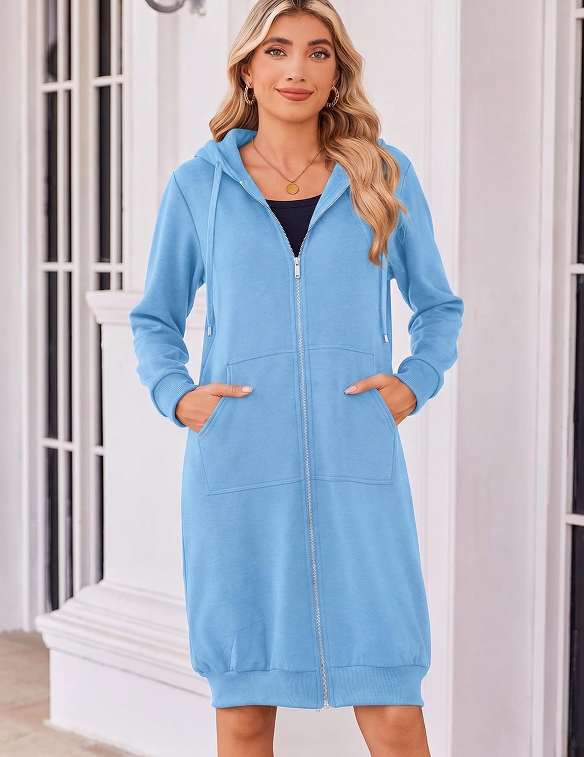 image:imageZeagoo Womens Zip Up Hoodies Oversized Fleece Long Tunic Sweatshirts Casual Long Sleeve 2026 Fall Hoodie Jacket CoatBaby Blue