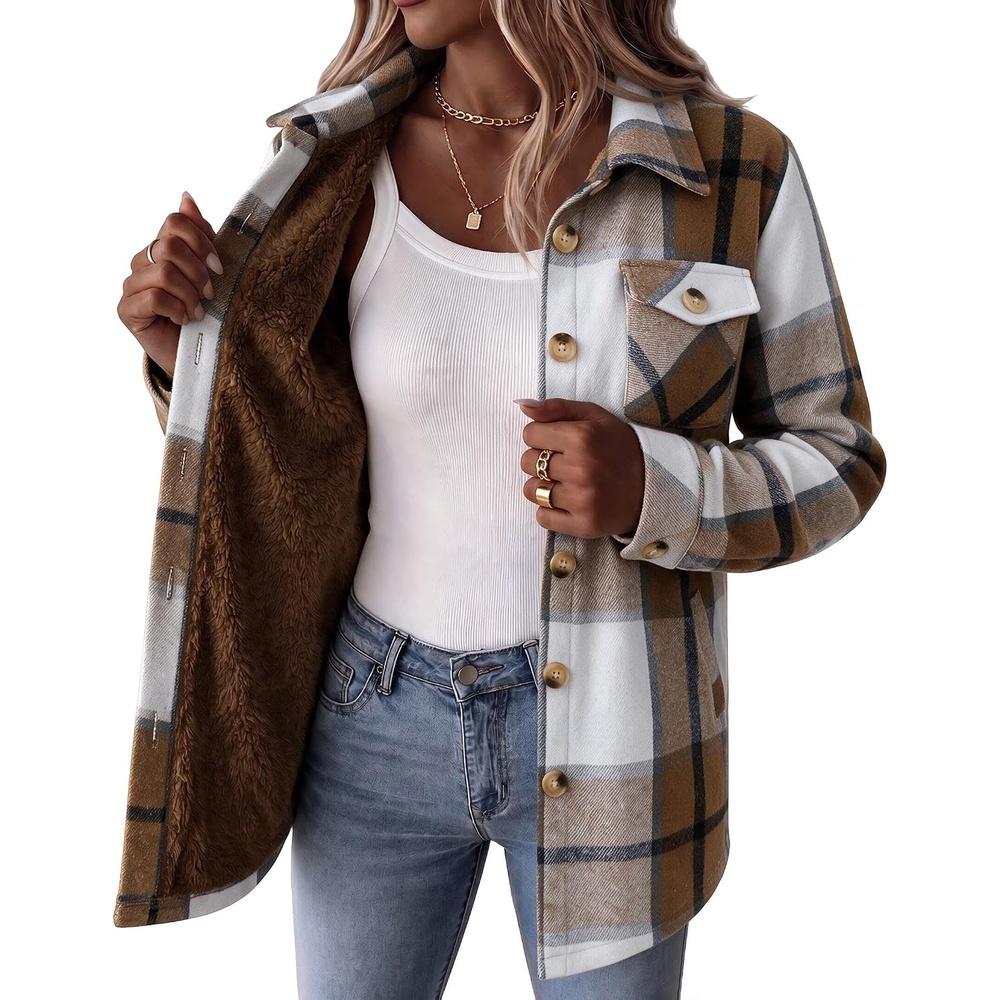image:imageZeagoo Flannel Jacket for Women Sherpa Fleece Lined Winter Plaid CoatsBrown White