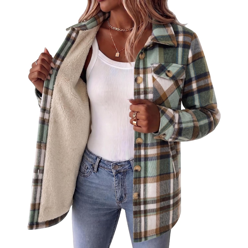 image:imageZeagoo Flannel Jacket for Women Sherpa Fleece Lined Winter Plaid CoatsGreen Brown