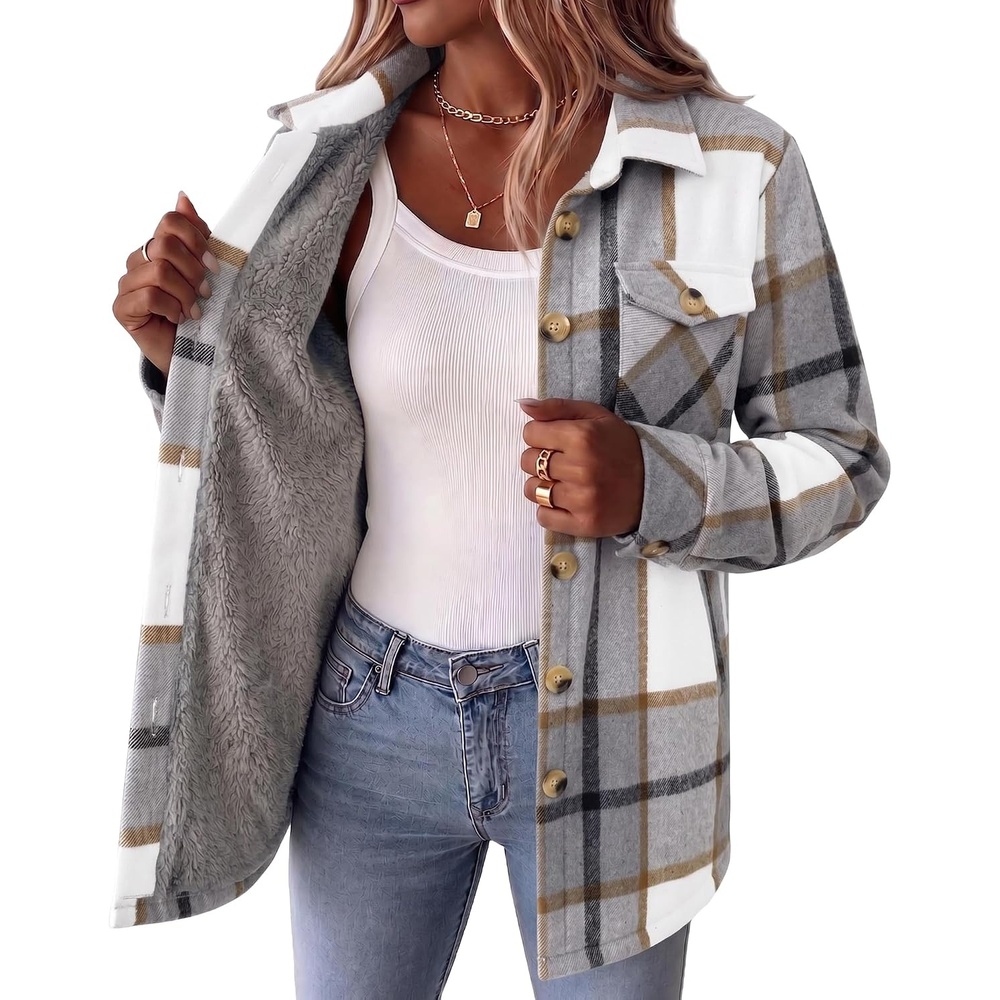 image:imageZeagoo Flannel Jacket for Women Sherpa Fleece Lined Winter Plaid CoatsGrey