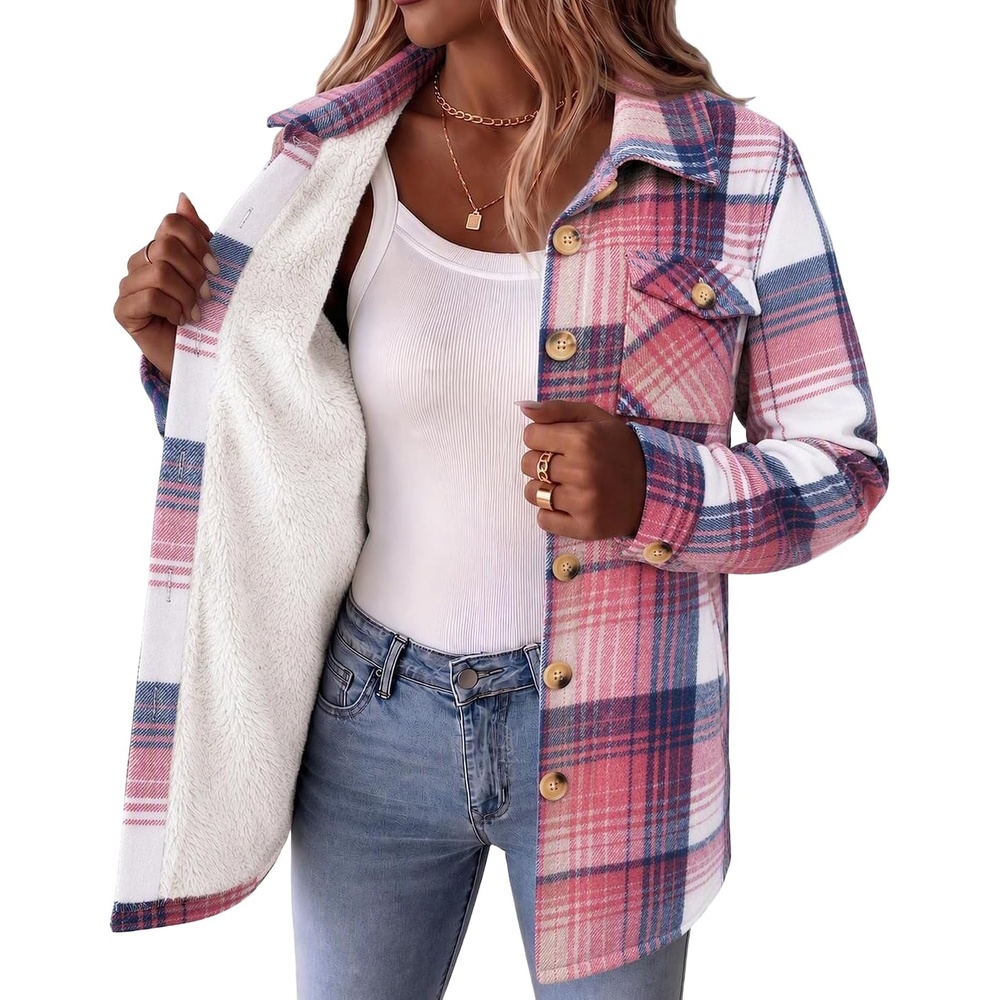 image:imageZeagoo Flannel Jacket for Women Sherpa Fleece Lined Winter Plaid CoatsPink