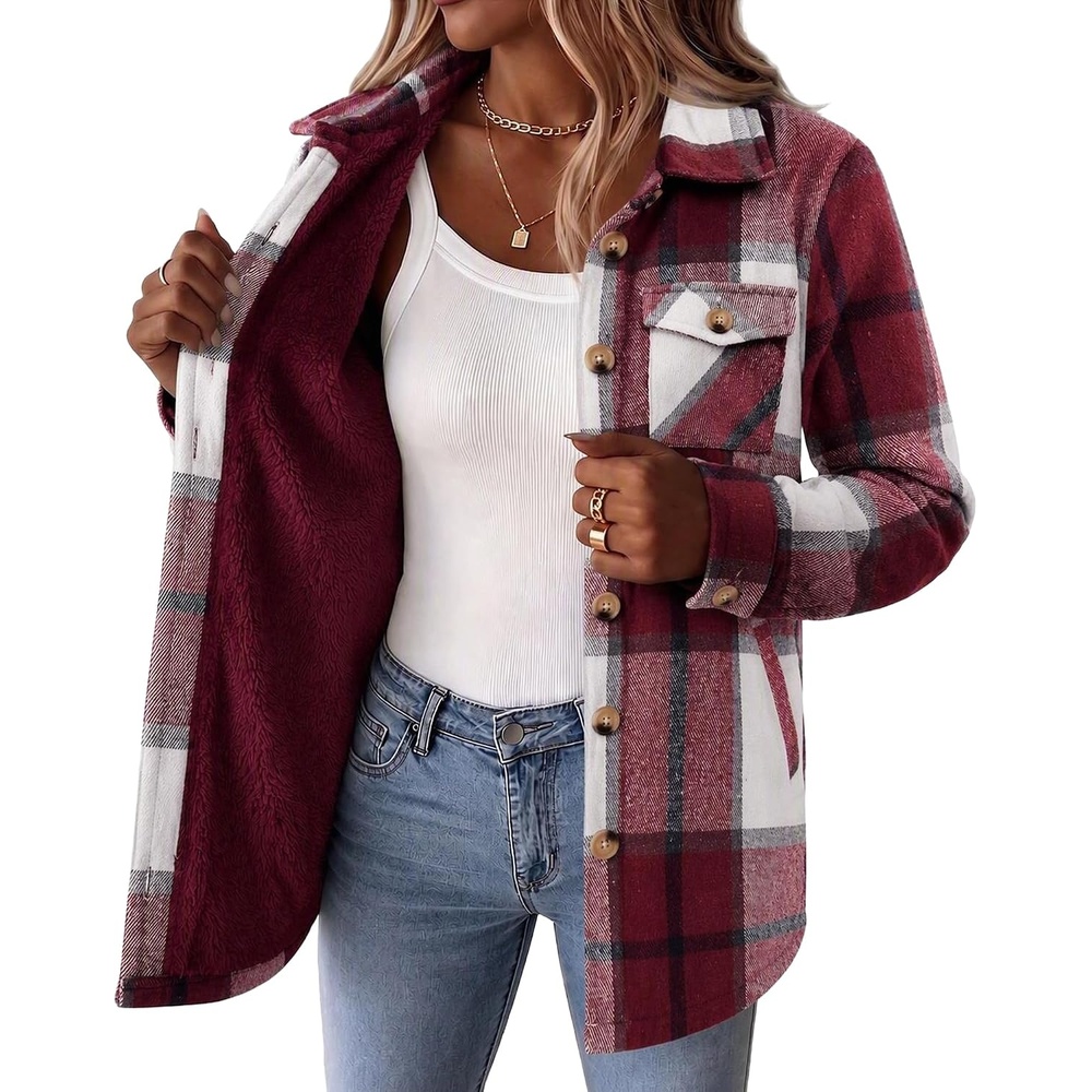 image:imageZeagoo Flannel Jacket for Women Sherpa Fleece Lined Winter Plaid CoatsWine Red