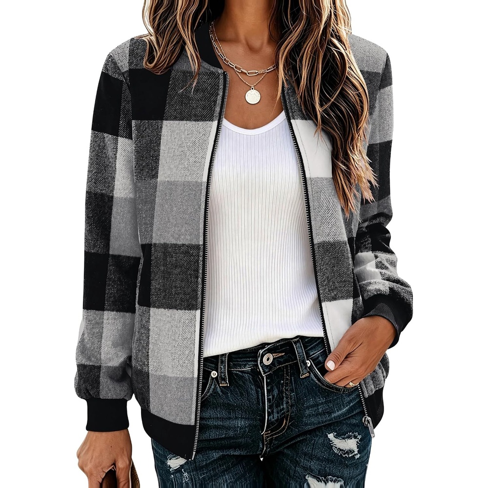 image:imageZeagoo Jackets for Women 2026 Lightweight Bomber Jacket Plaid Flannel CoatBlack White Plaid Gw39