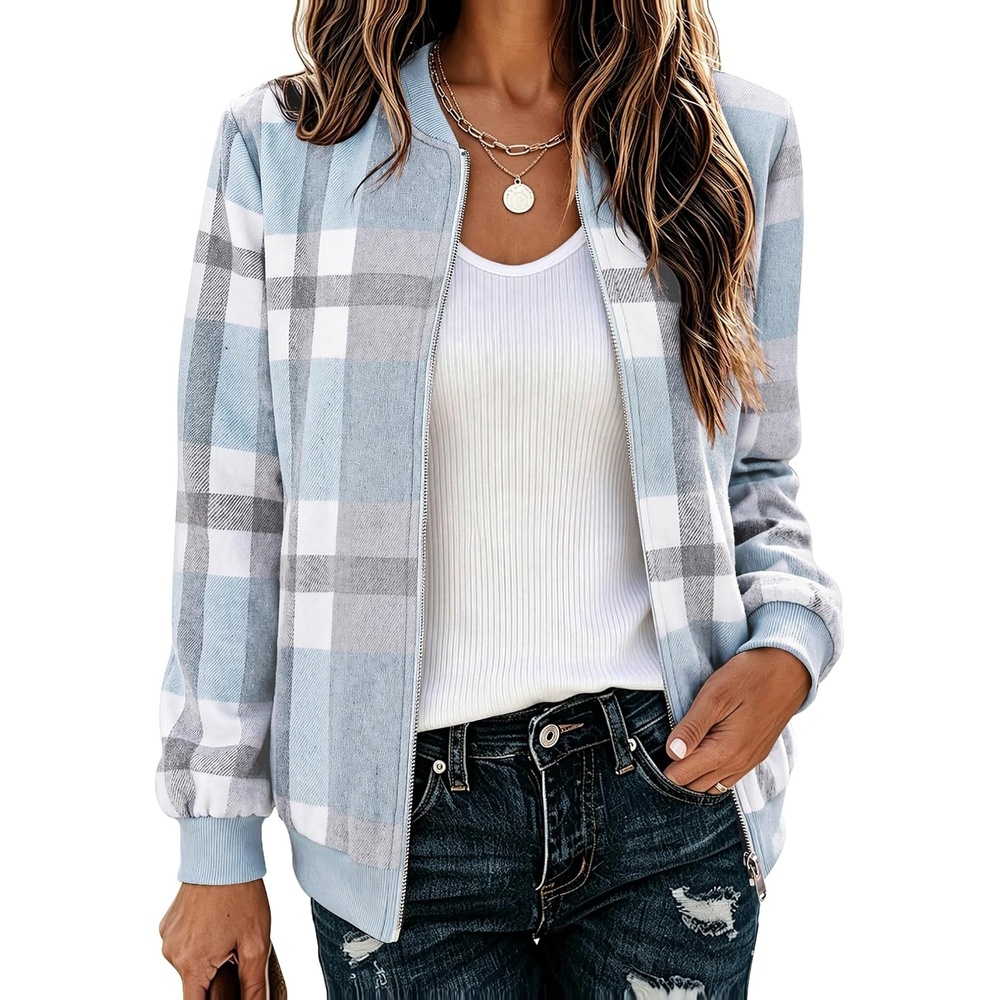 image:imageZeagoo Jackets for Women 2026 Lightweight Bomber Jacket Plaid Flannel CoatBlue Plaid Gw570