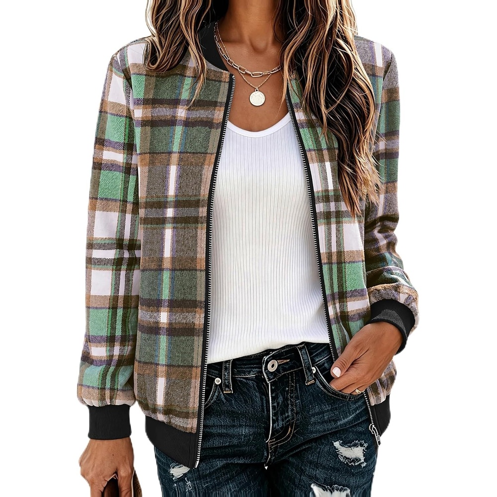image:imageZeagoo Jackets for Women 2026 Lightweight Bomber Jacket Plaid Flannel CoatGreen Brown Plaid Gw552