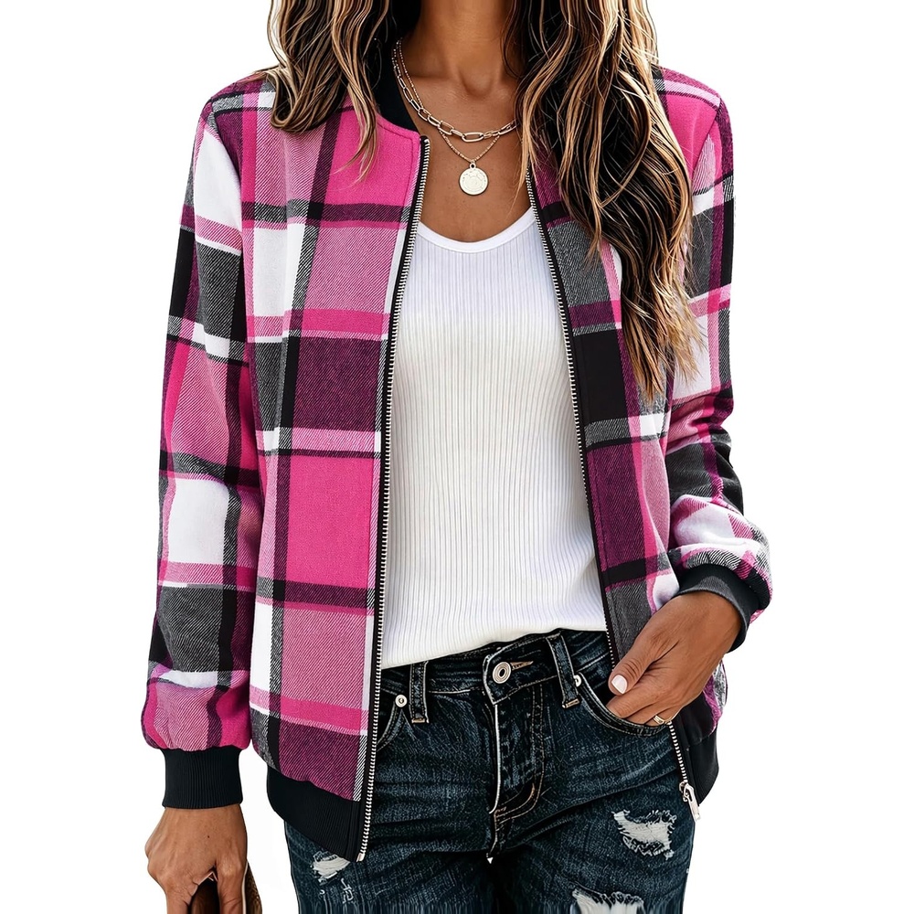 image:imageZeagoo Jackets for Women 2026 Lightweight Bomber Jacket Plaid Flannel CoatHot Pink Plaid Gz553