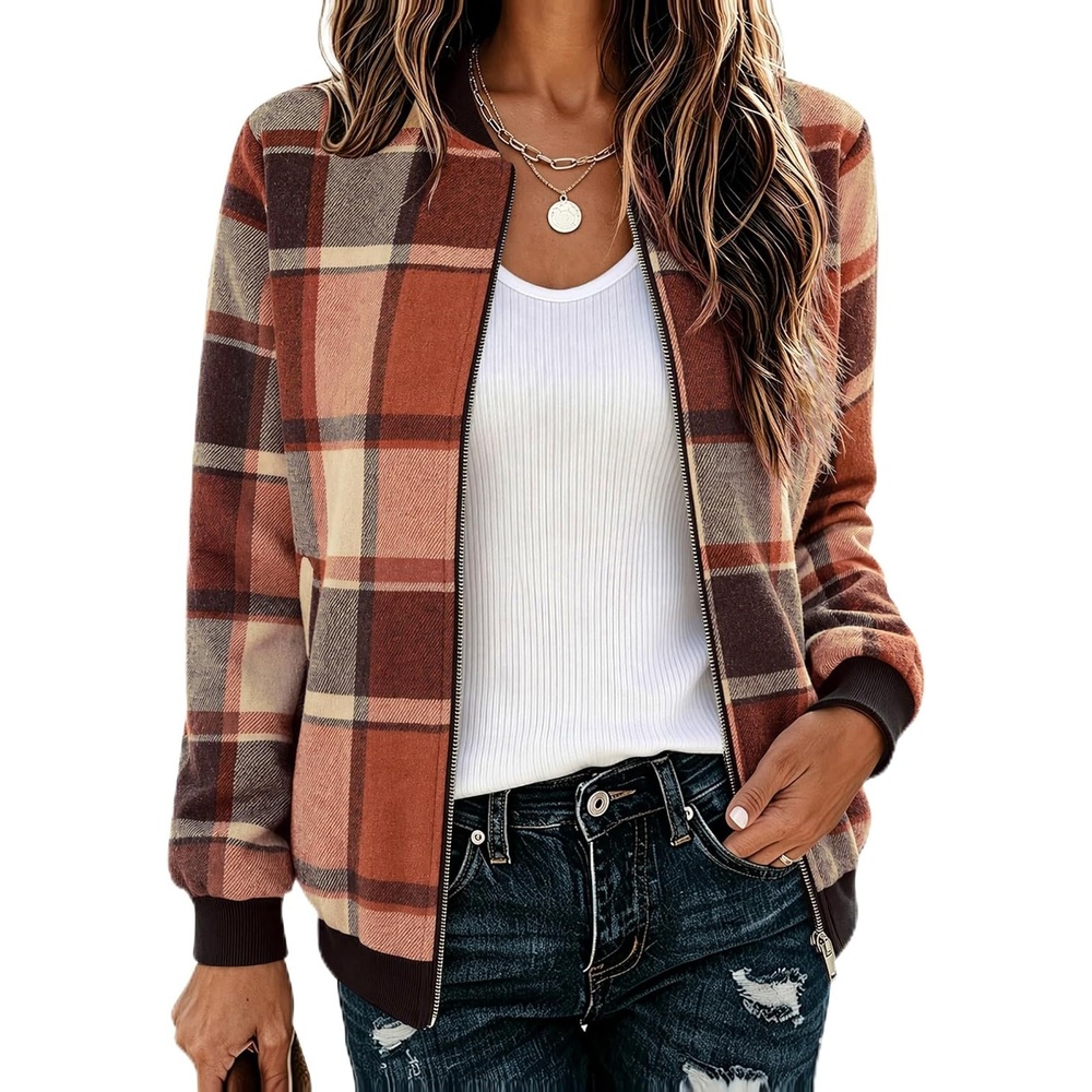 image:imageZeagoo Jackets for Women 2026 Lightweight Bomber Jacket Plaid Flannel CoatOrange Plaid Gz526