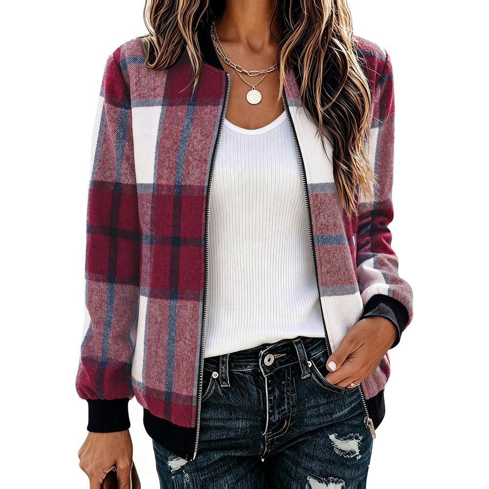 image:imageZeagoo Jackets for Women 2026 Lightweight Bomber Jacket Plaid Flannel CoatRed White Plaid Gz543