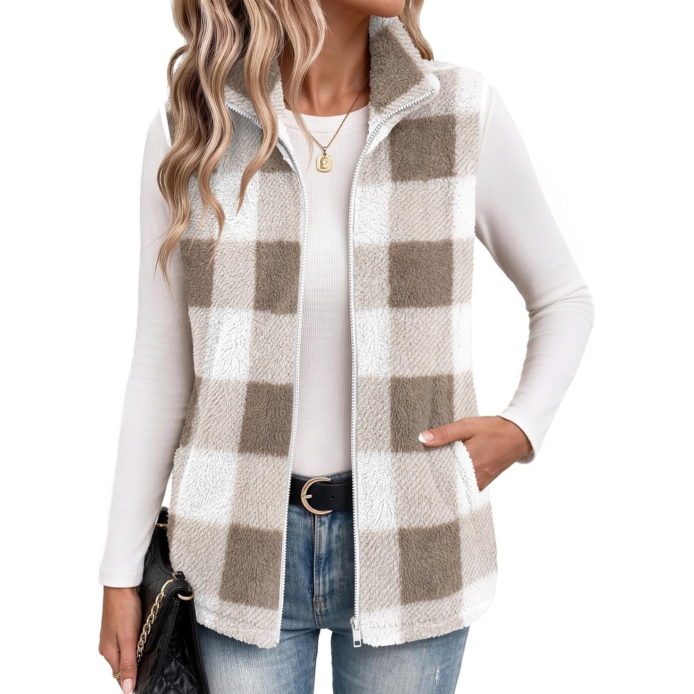 image:imageZeagoo Vest For Women Sleeveless Sherpa Fleece Jackets Zip Up Fall CoatsKhaki White Plaid