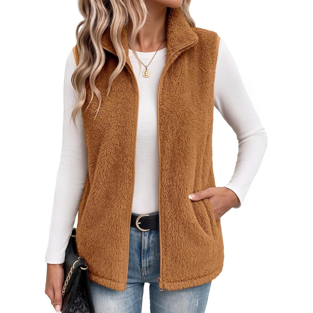 image:imageZeagoo Vest For Women Sleeveless Sherpa Fleece Jackets Zip Up Fall CoatsLight Brown